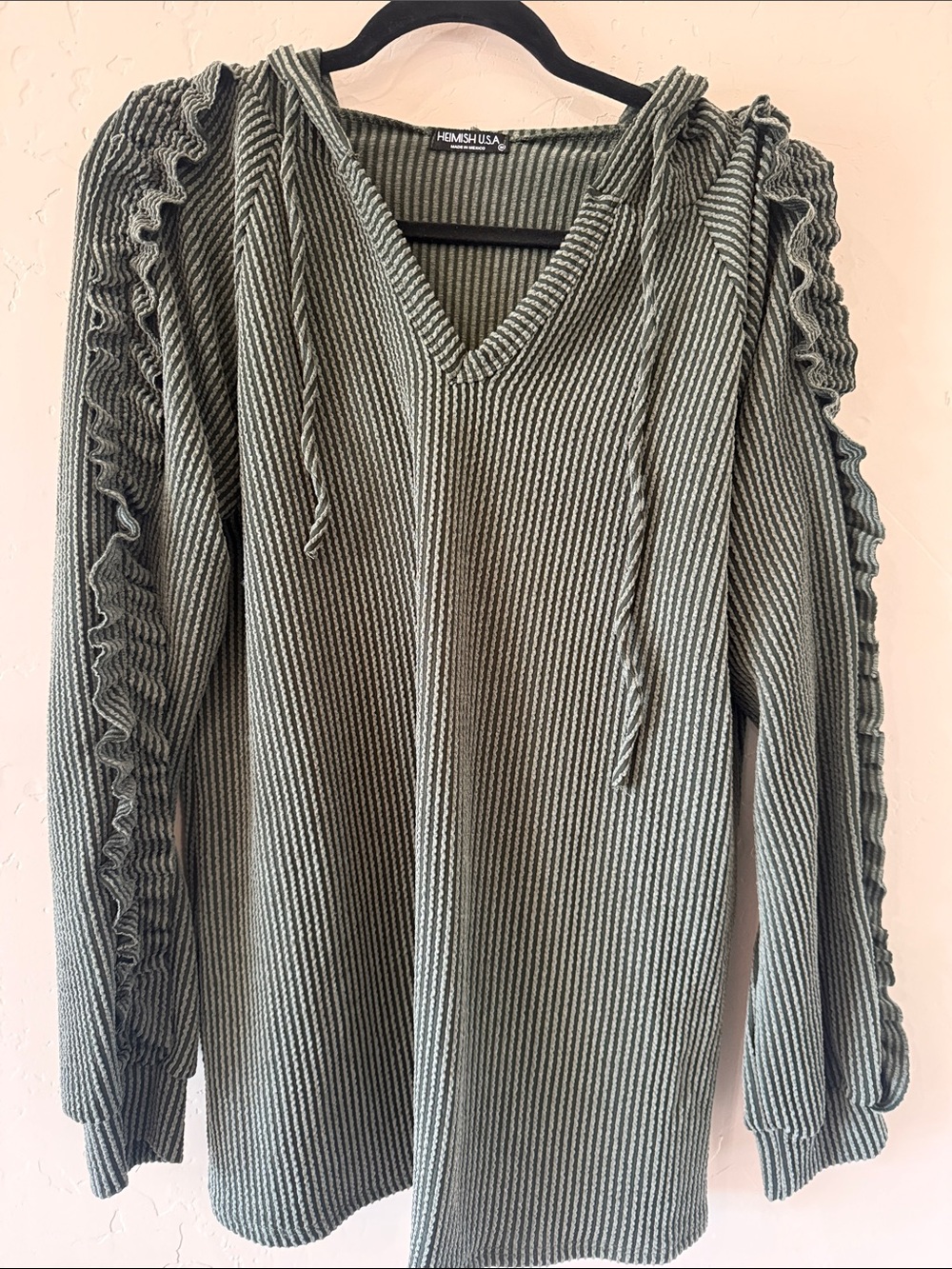 HEIMISH USA Olive Green Ribbed V‑Neck Hoodie with Ruffle Sleeves